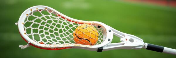 Lacrosse stick catching a bright orange ball on a grassy field during a practice session photo