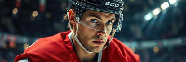 Competitive ice hockey player focused on the game during an intense match at an arena photo