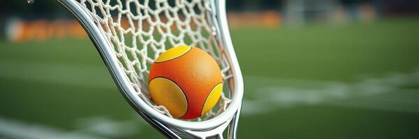 Lacrosse ball nestled in a net on a field during a match on a sunny afternoon photo