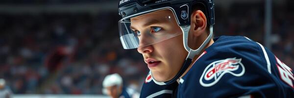 Young hockey player focused on the game during an intense match in an ice arena with fans in the background photo