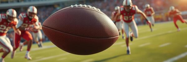 Football players chasing a flying ball during an intense game at a stadium in the fall afternoon photo