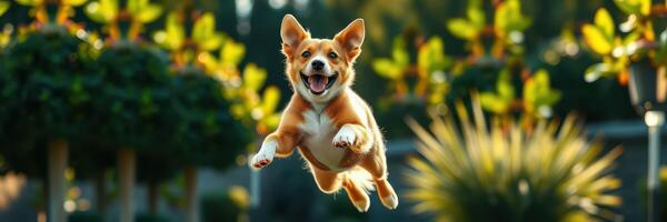 Happy corgi leaps joyfully in a lush garden surrounded by vibrant greenery on a sunny day photo