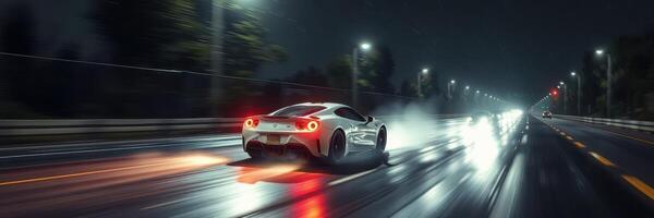 Sports car speeds down wet highway at night with striking headlights illuminating the dark road photo