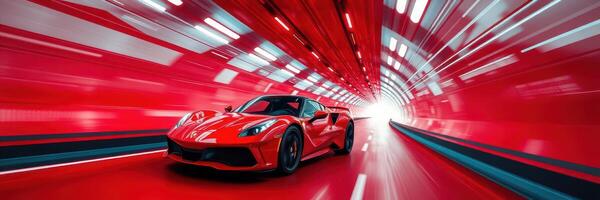 Fast sports car racing through a vibrant red tunnel in a modern urban environment showing speed and luxury photo