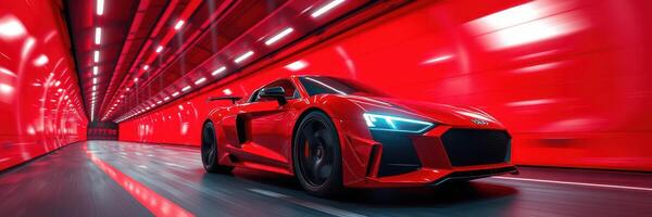 Red sports car speeds through illuminated tunnel at night with vibrant reflections photo