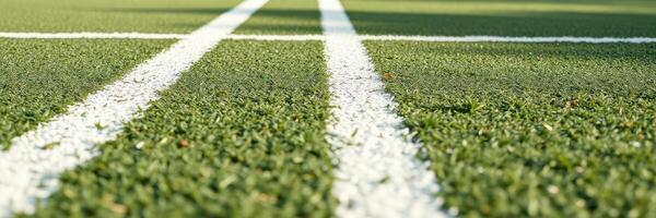 Close-up view of tennis court lines on artificial grass under sunlight during afternoon hours photo