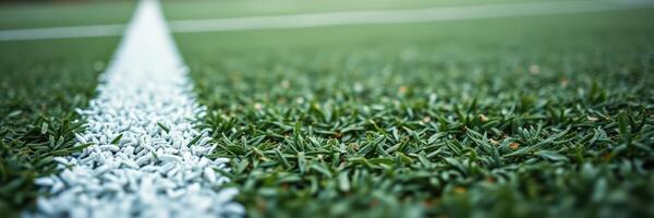 Close-up view of a green artificial turf field with white boundary line on a sunny day photo
