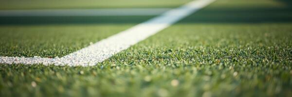Close-up view of a green artificial turf field showing white marking lines during a sunny day photo