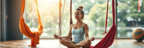 Woman practicing aerial yoga in a bright studio with colorful hammocks during the afternoon sunlight photo