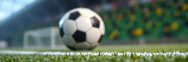 Soccer ball rolling on the field during a match at an outdoor stadium with green seating photo
