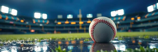 Baseball resting on a wet field with stadium lights glowing at dusk before a game photo