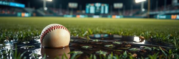 Baseball resting in a puddle on a field while stadium lights illuminate the background during a damp night photo