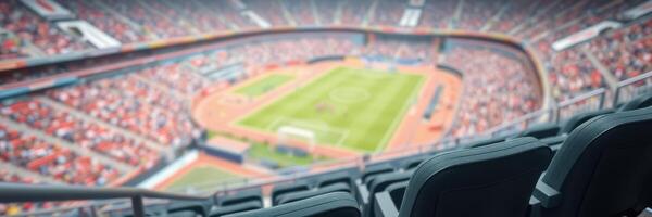 View of a large sports stadium filled with fans during a thrilling match in the afternoon sunlight photo