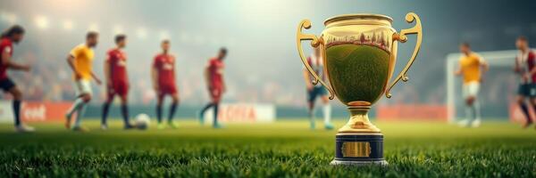 Golden trophy stands in focus with soccer players competing in the background during a match at an outdoor stadium photo