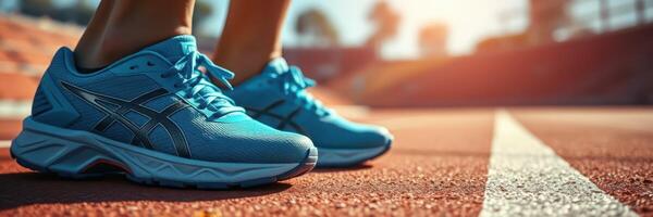 Bright blue running shoes on a track at sunset, ready for an evening workout session photo