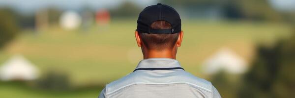 Golfer standing on the green with a focus on the landscape in the background during a sunny day photo