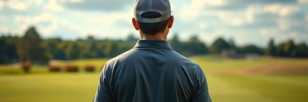 Golfer prepares for swing on a sunny day at the local course surrounded by lush greenery photo