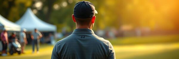Golfer watches the sunset during a tournament in a scenic park setting photo