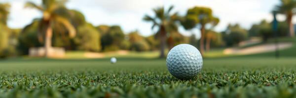 Golf ball resting on green grass with palm trees in the background at a sunny day in a coastal golf course photo