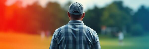 Man watches a sports event in a park during the late afternoon hours with trees in the background photo