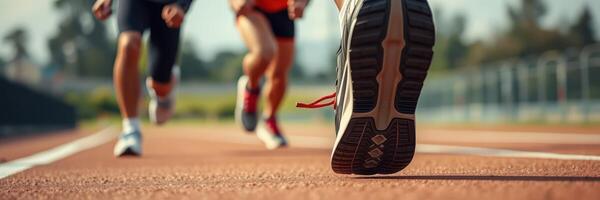 Runners sprinting on a track during a bright afternoon under clear skies in a competitive athletic event photo