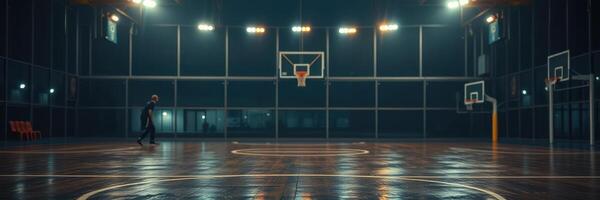 Basketball player practicing shooting on an empty court at night with bright overhead lights photo