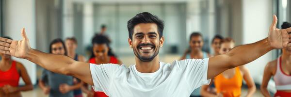 Group fitness class led by an enthusiastic instructor in a gym setting during daytime photo
