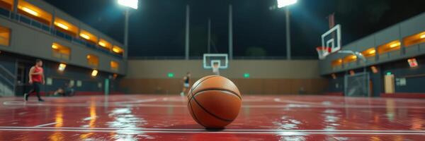 Basketball game in an indoor court with players practicing shots during evening hours photo
