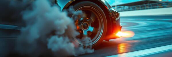 High-speed drifting on a racetrack with smoke and sparks at sunset photo