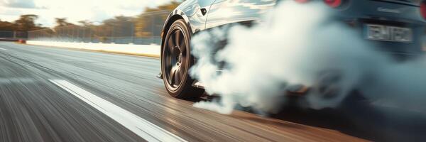 High-speed car drifting on a racetrack with smoke billowing from tires during sunset photo