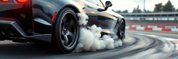 High-performance car drifting on a racetrack, showcasing tire smoke and sharp turns during an afternoon event photo