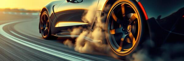 Powerful sports car drifting on a winding road at sunset, creating tire smoke and showcasing speed and control photo