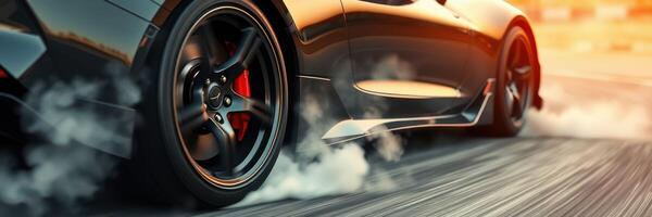 Sports car performing a high-speed drift on a racetrack with smoke billowing from the tires photo