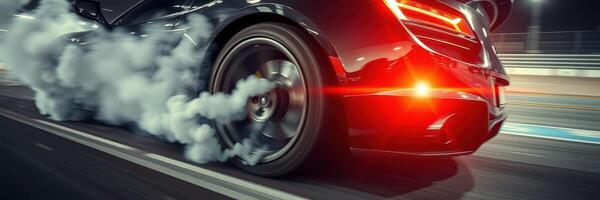High-speed racing action on the track with a powerful car leaving tire smoke behind at night photo
