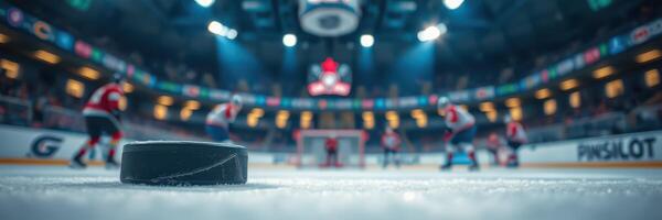 Excitement builds as players compete in a high-stakes hockey match at the ice rink during a thrilling game night photo