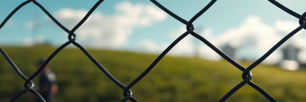 View through a chain-link fence of a landscape and a person walking in the distance on a sunny day photo