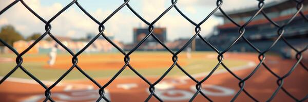 Baseball field behind a chain-link fence during a sunny afternoon game in a local stadium photo