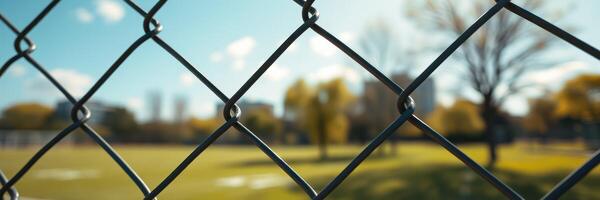 Chain link fence borders a sunny park with trees and distant city skyline in the background on a clear day photo