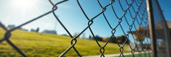 Chain link fence surrounding a grassy field on a sunny day with clear blue skies and distant buildings photo