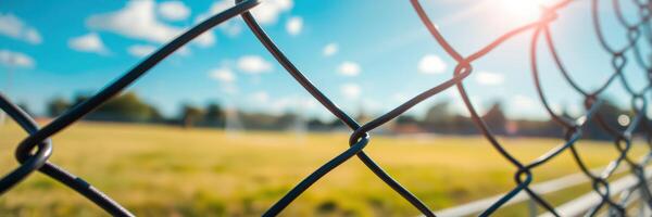 Chain link fence surrounding a grassy field under a bright blue sky during the afternoon photo