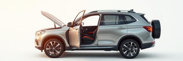 Silver SUV with Hood Open and Doors Wide at Sunrise in Modern Garage Setting photo