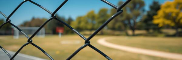 Colorful park with chain link fence and pathway under bright blue sky on a sunny day photo