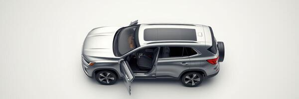 Silver SUV parked with open doors, showcasing interior design and spaciousness photo
