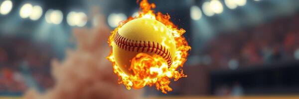 Softball flies through the air in a dramatic display of fire and energy during an intense game in a stadium photo