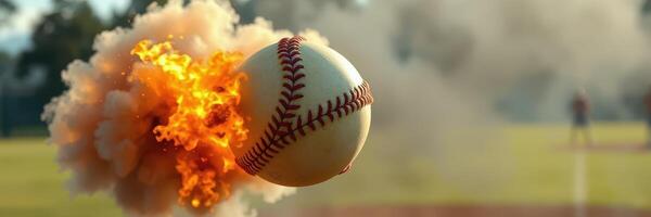 Baseball explodes with flames in an exciting moment at the field during a sunny afternoon photo