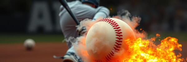 Explosive moment captured as baseball is struck with intense energy during a game at dusk photo