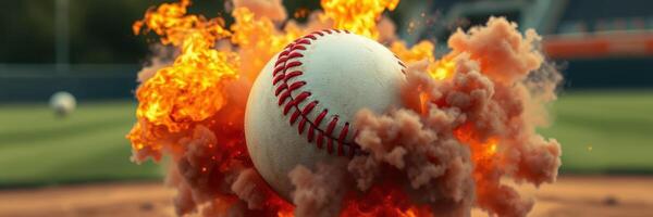 Baseball explodes with vibrant colors during a dynamic play on the field at sunset in a local sports stadium photo