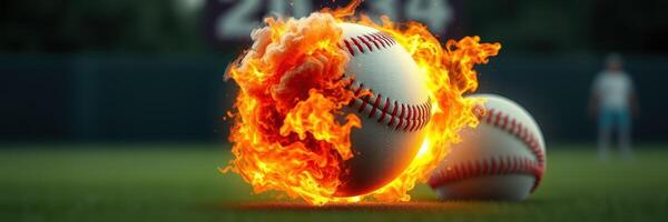 Baseballs surrounded by flames create a dramatic and intense atmosphere on the field during a summer afternoon photo