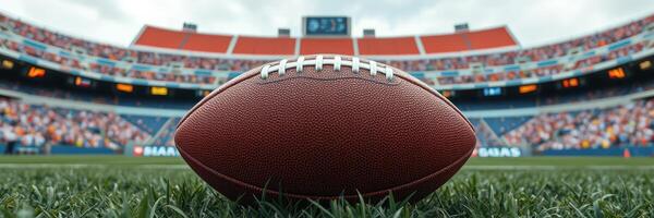 Exciting moment as a football rests on the field during a game in a packed stadium on a sunny day photo