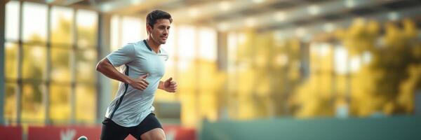 Man running indoors in athletic gear, focused on training in a well-lit indoor sports facility photo